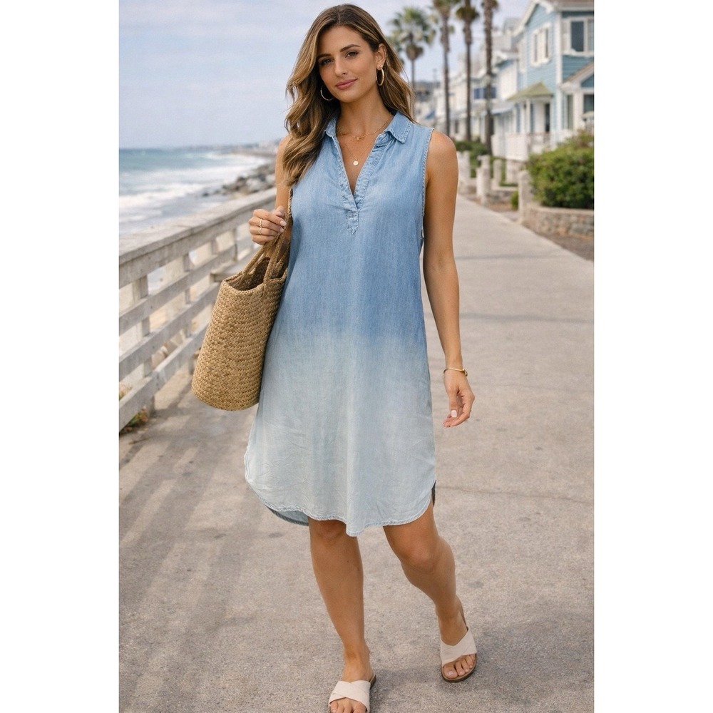 BeachLunchLounge Striped Chambray‎ Tunic Dress Womens Large Blue Sleeveless